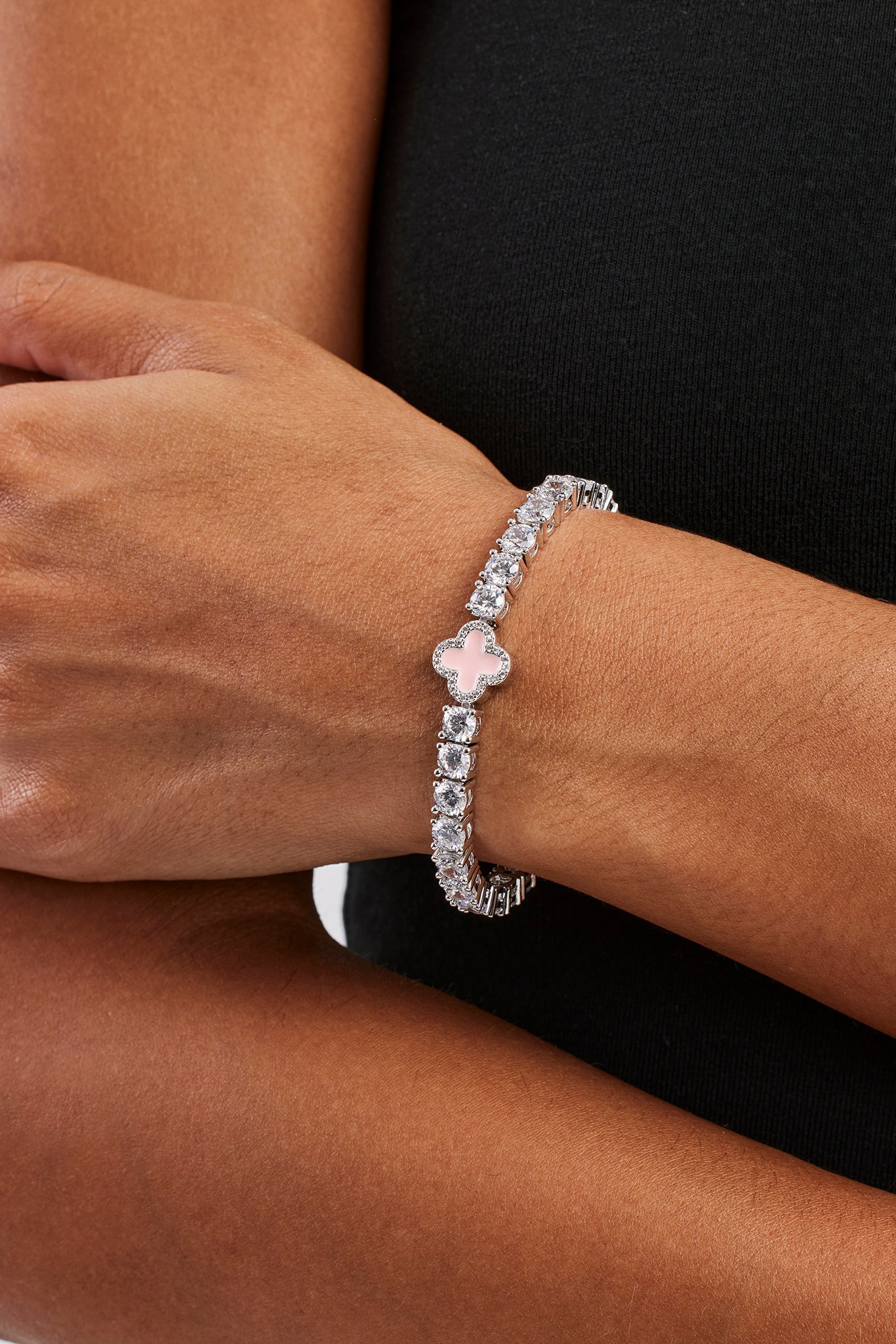Iced Pink Motif Charm Tennis Bracelet - White 5mm