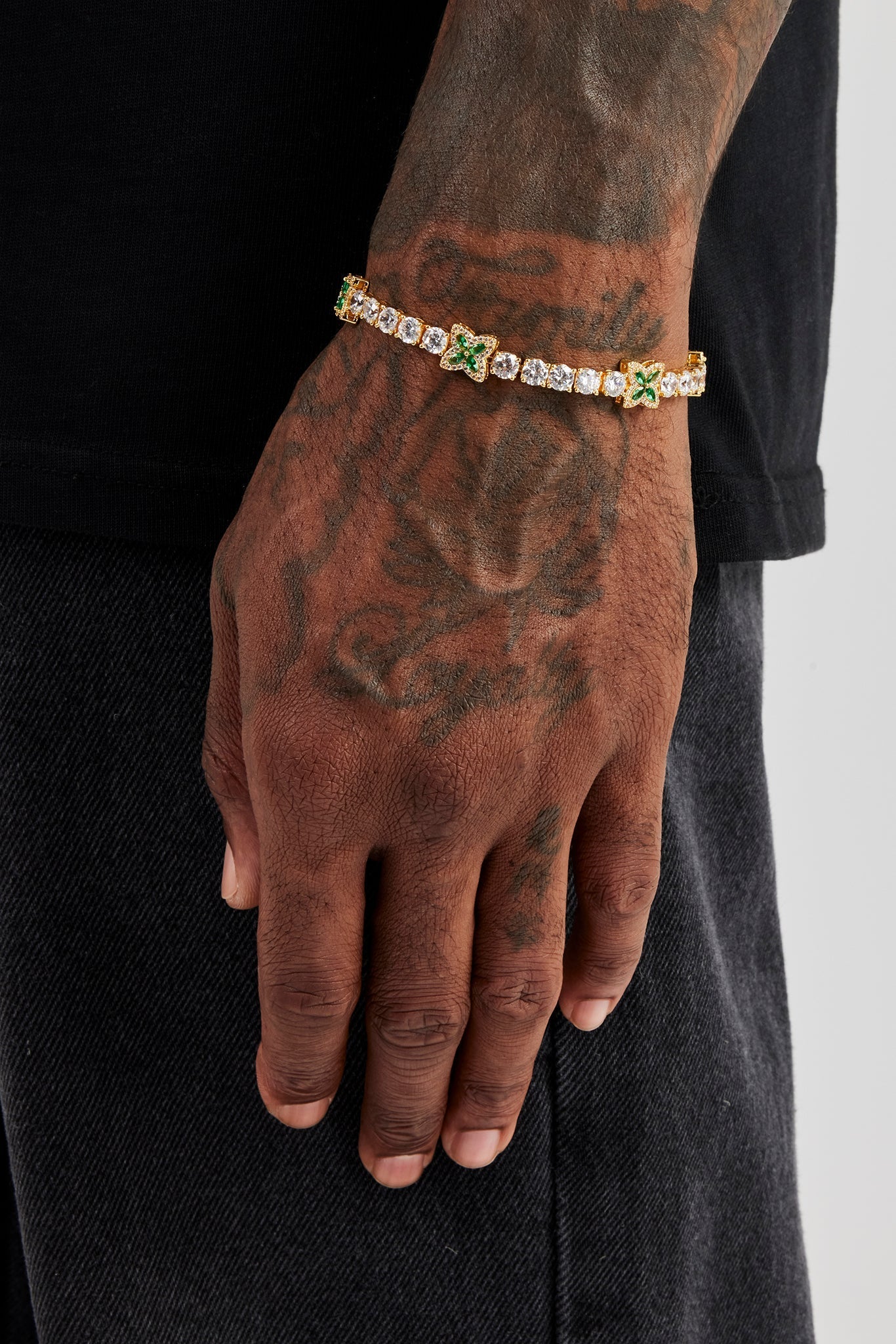 Iced Green Baguette Motif Tennis Bracelet - 5mm - Gold