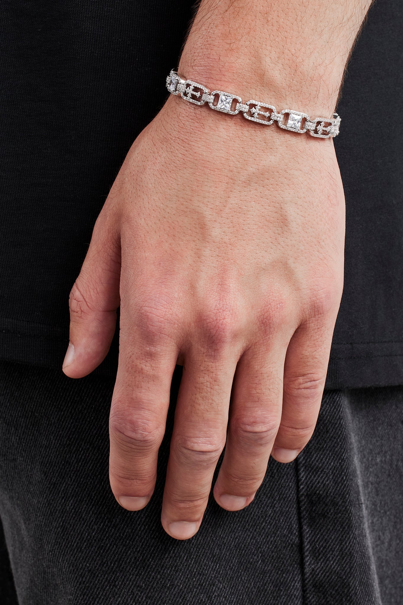 Iced Stone & Cross Link Bracelet - 8mm