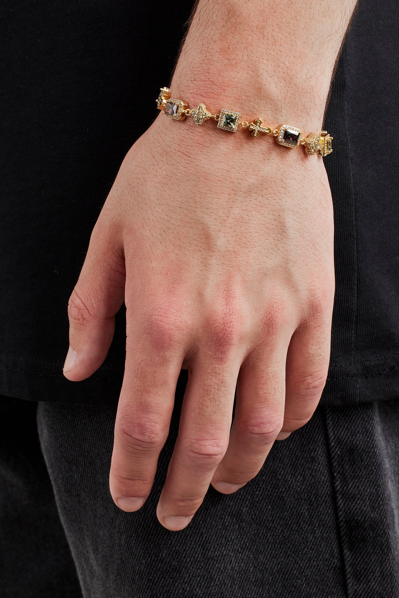 Chocolate Motif & Cross Multi Gemstone Bracelet -_ 8mm - Gold