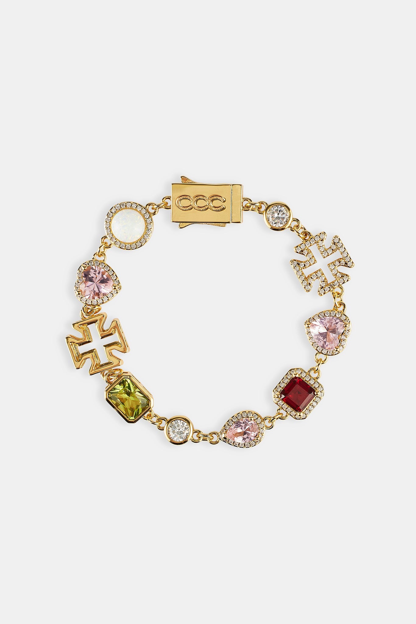 Pink Heart Multi Gem Bracelet - Gold - 10mm