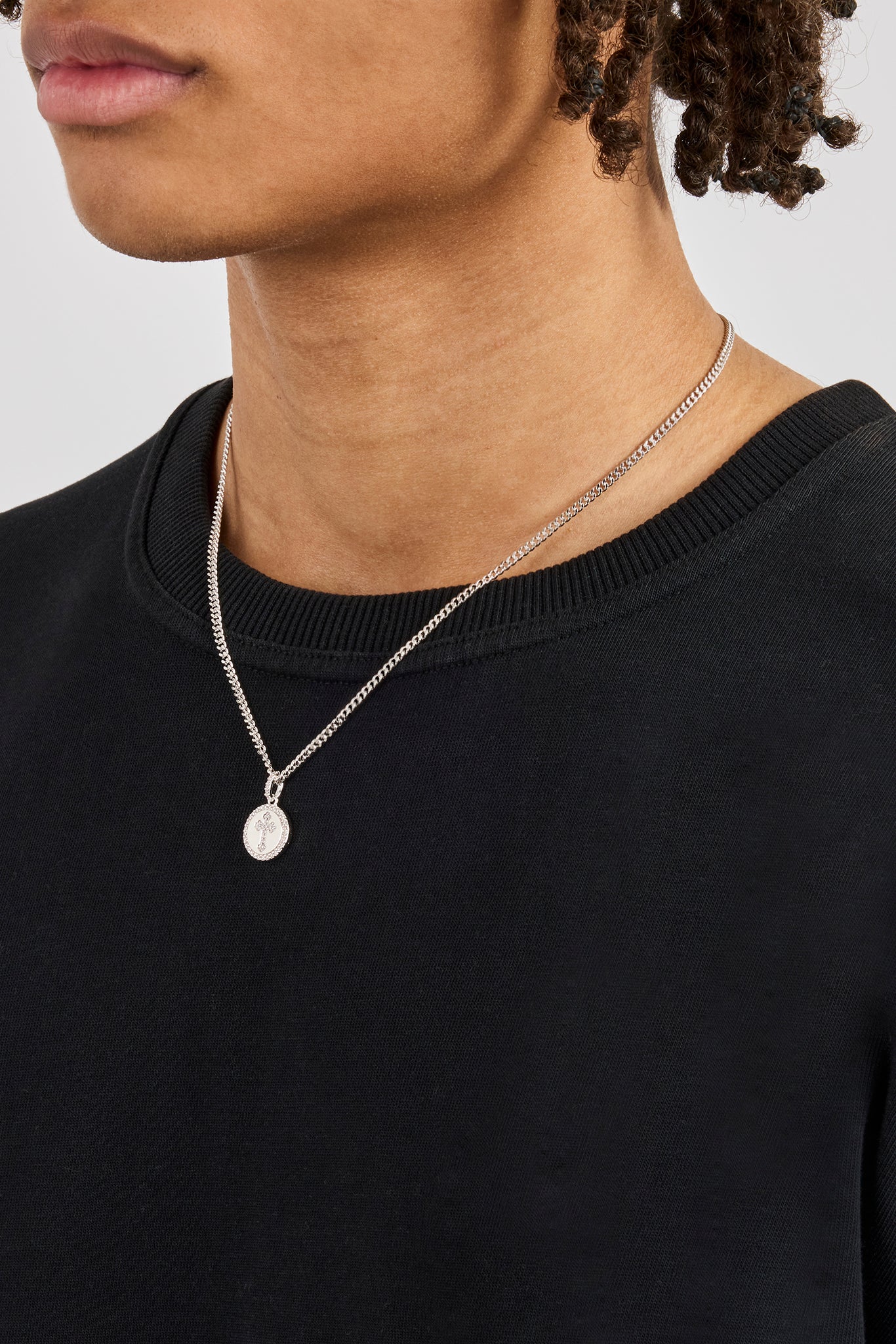 Iced Cross Disk Necklace - 13mm - White