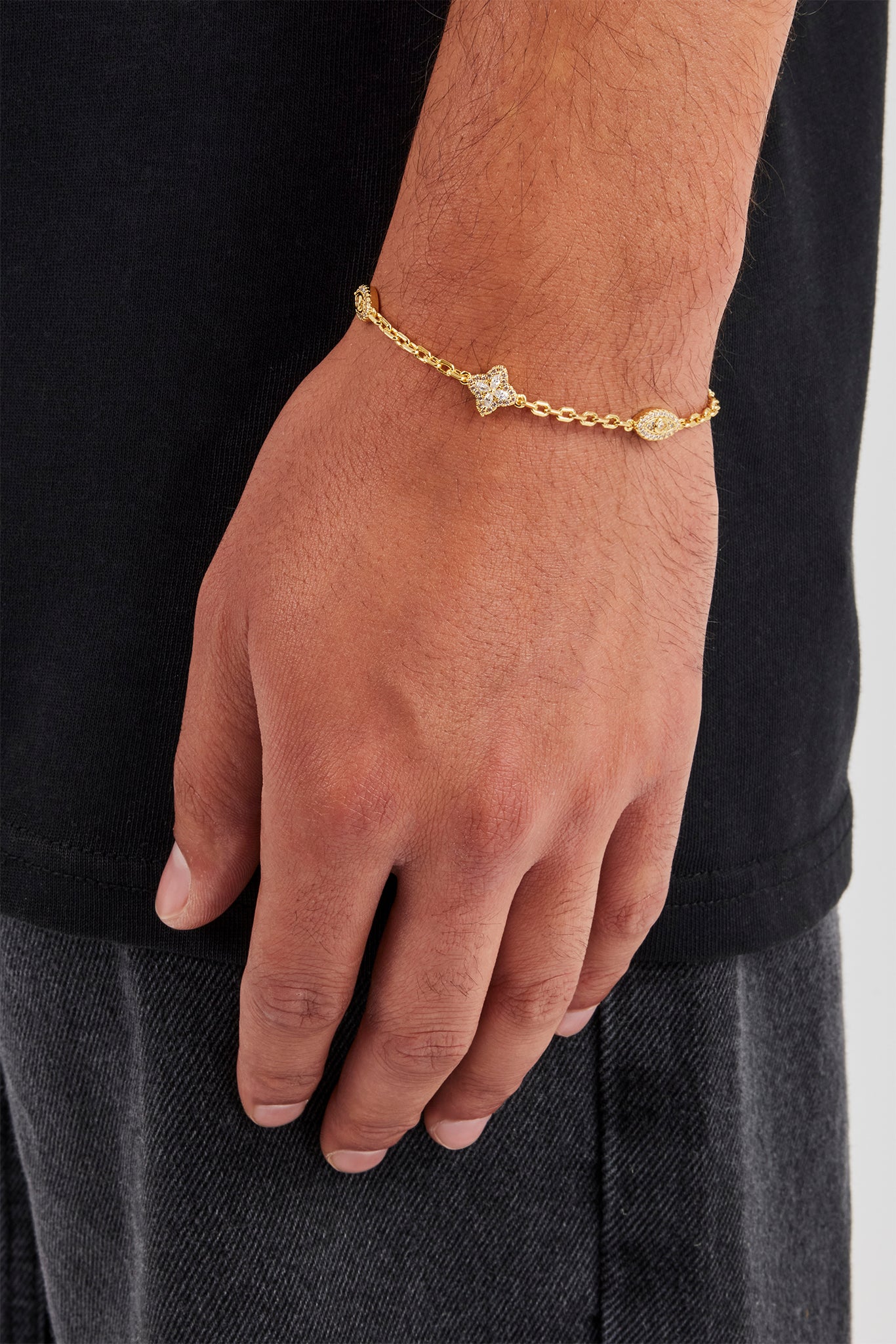 Clear CZ Baguette Motif Rolo Bracelet - 8mm - Gold