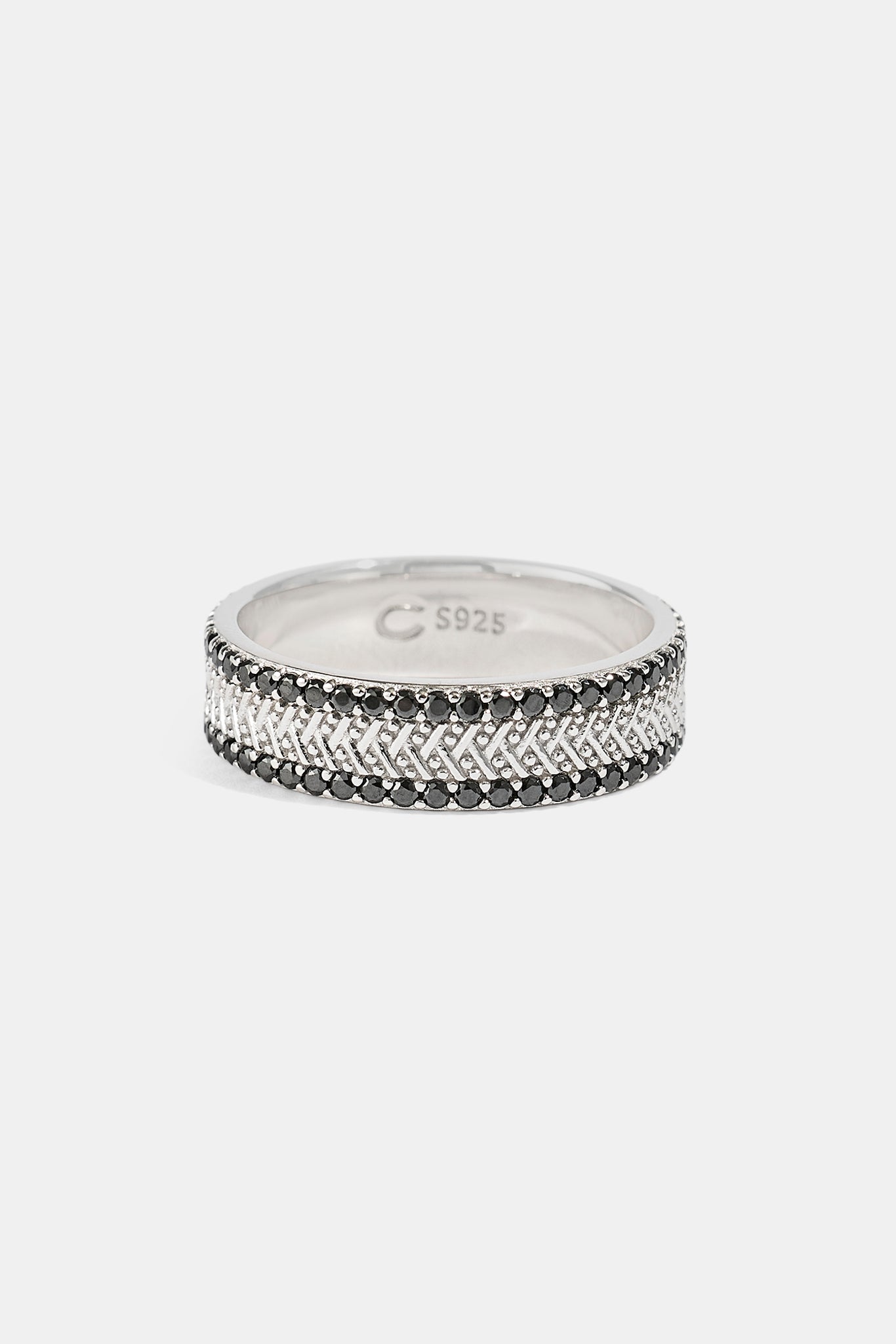 Textured & Black Iced Band Ring - 6mm - White Gold