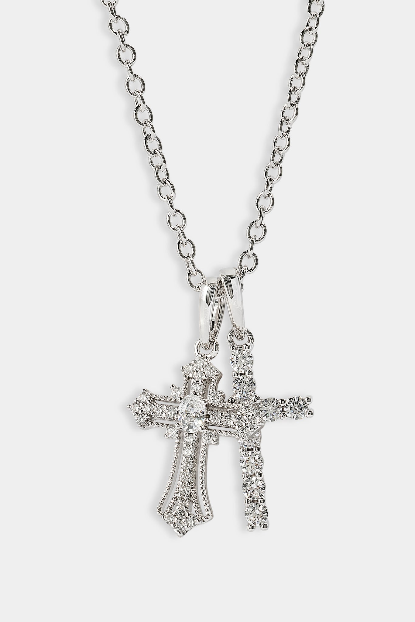 Double Multi Iced Cross Necklace - 20mm - White