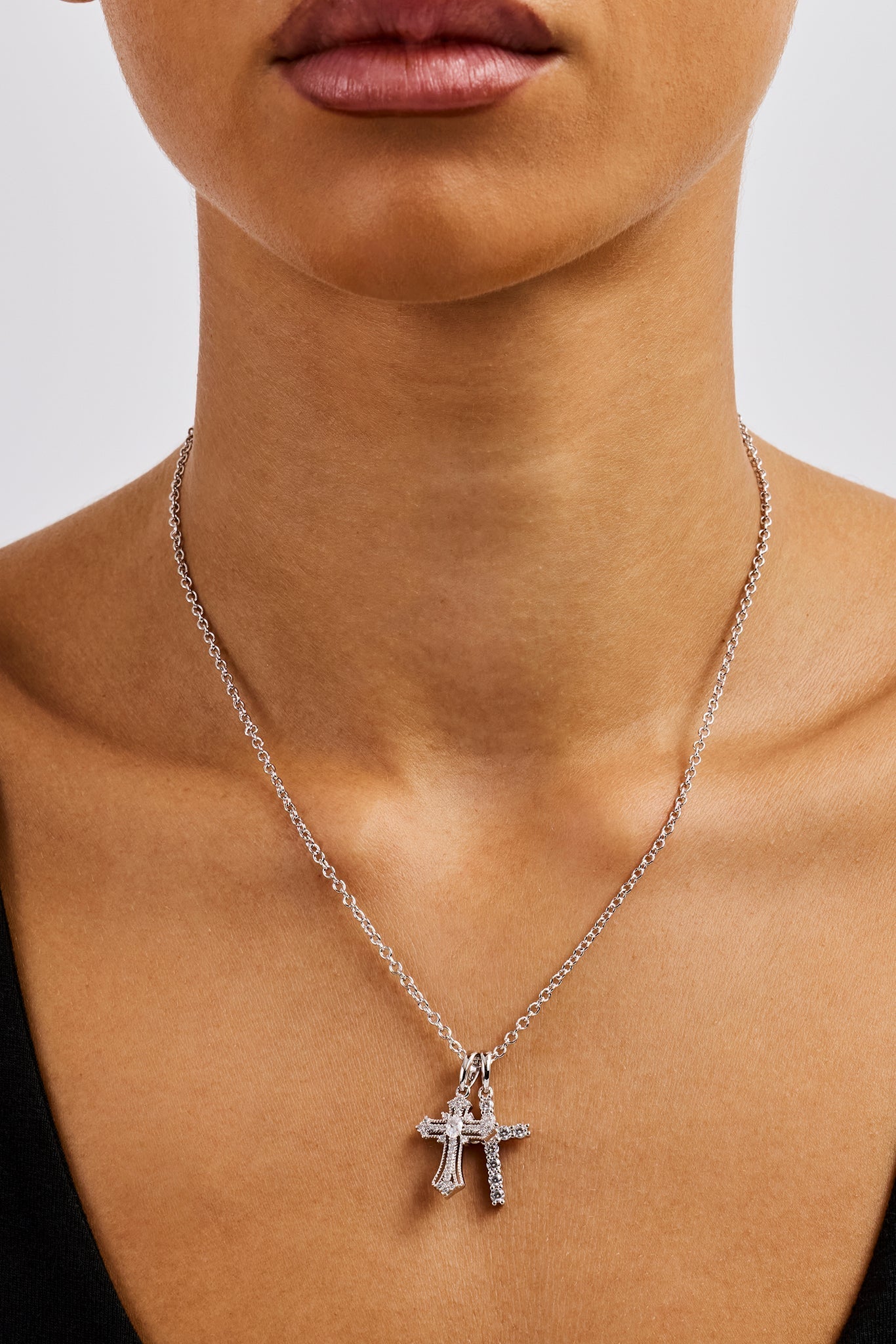 Double Multi Iced Cross Necklace - 20mm - White