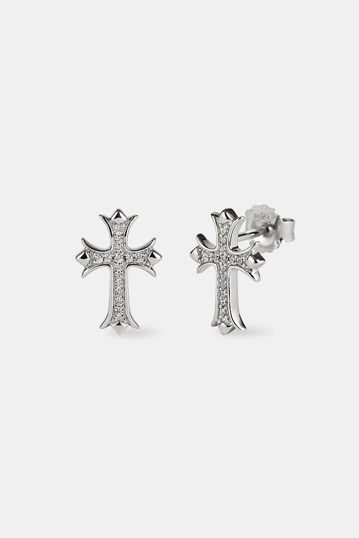 Polished Edge Iced Cross Stud Earrings - 15mm - White Gold