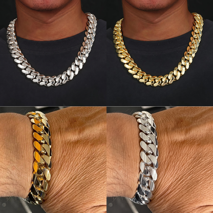 12mm Cuban chain and bracelet set, 18K Yellow Gold + 18K White Gold