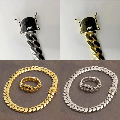 12mm Cuban chain and bracelet set, 18K Yellow Gold + 18K White Gold