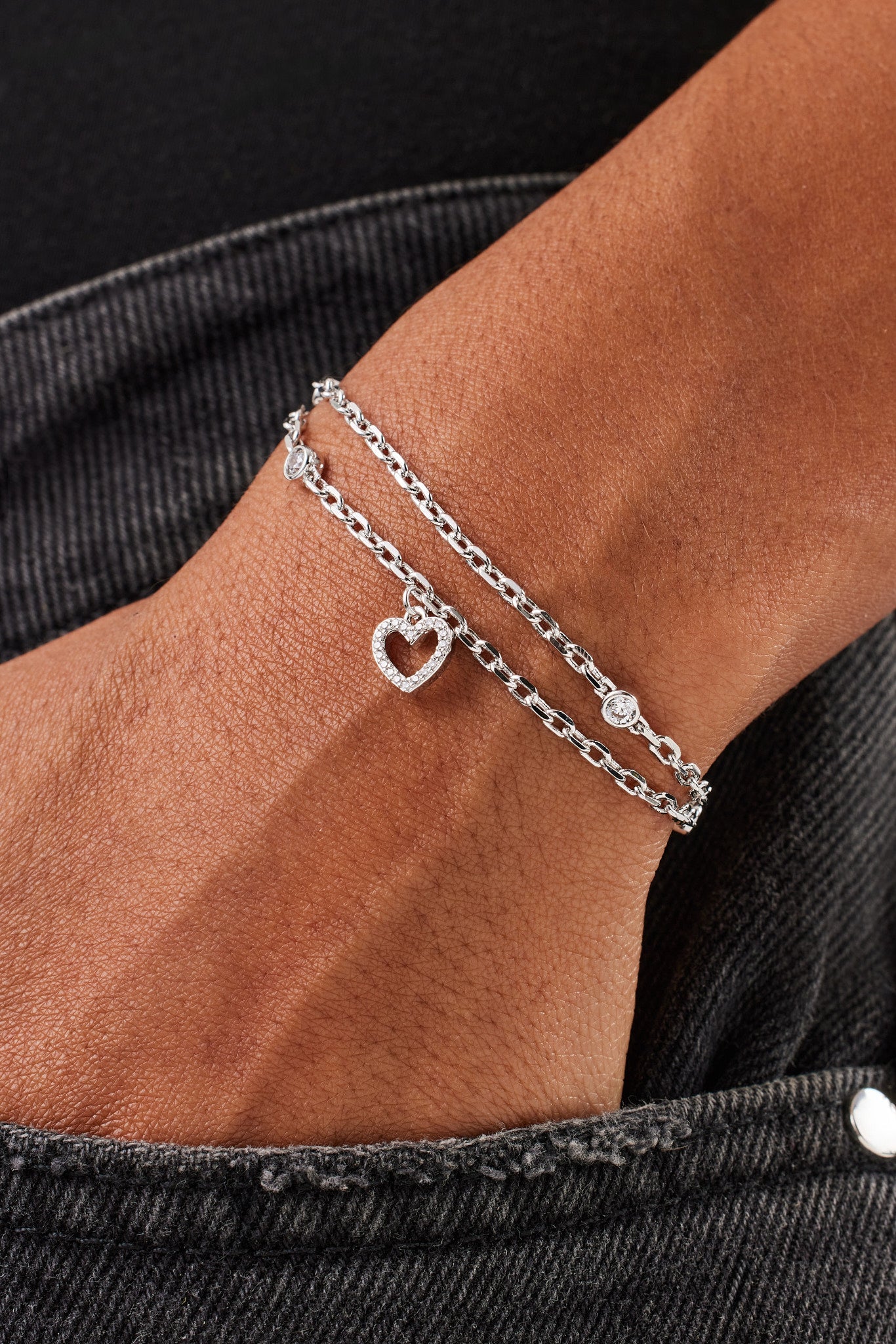 Double Layer Iced & Heart Rolo Bracelet - 8mm