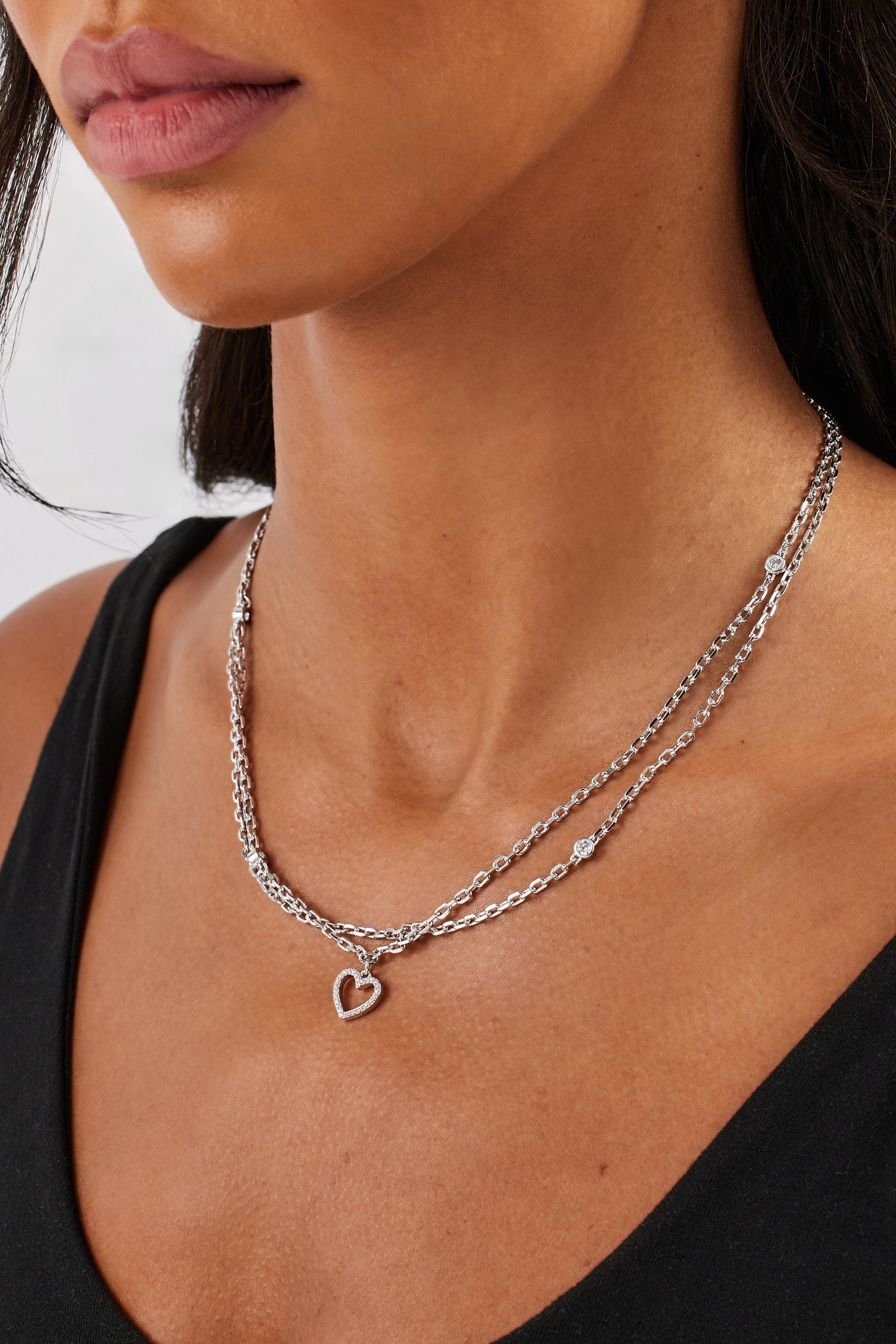 Double Layer Iced & Heart Rolo Necklace - 12mm