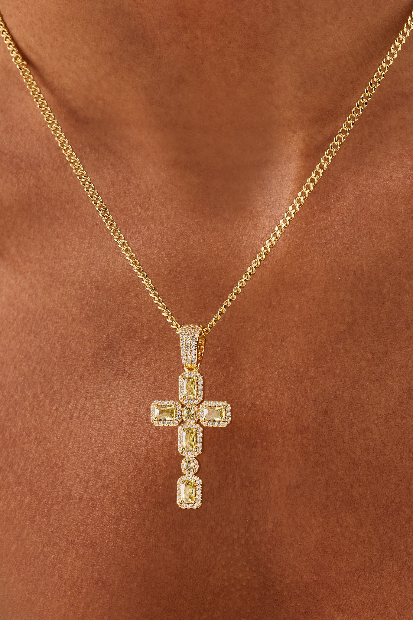 Iced Green Gemstone Cross Cuban Necklace - 40mm