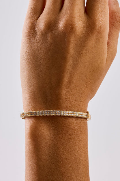 Iced Double Row Tennis Bangle - 4mm - Gold