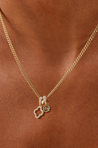 Iced Motif Outline & Green Gemstone Necklace - 10mm - Gold