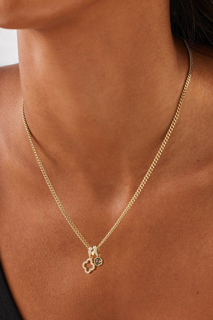 Iced Motif Outline & Green Gemstone Necklace - 10mm - Gold