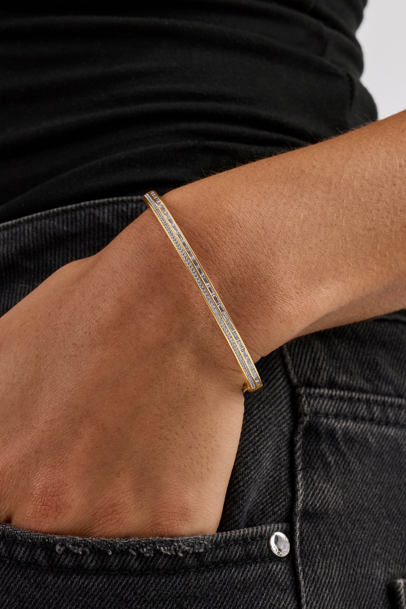 Iced Tennis & Baguette Stone Bangle - 4mm - Gold