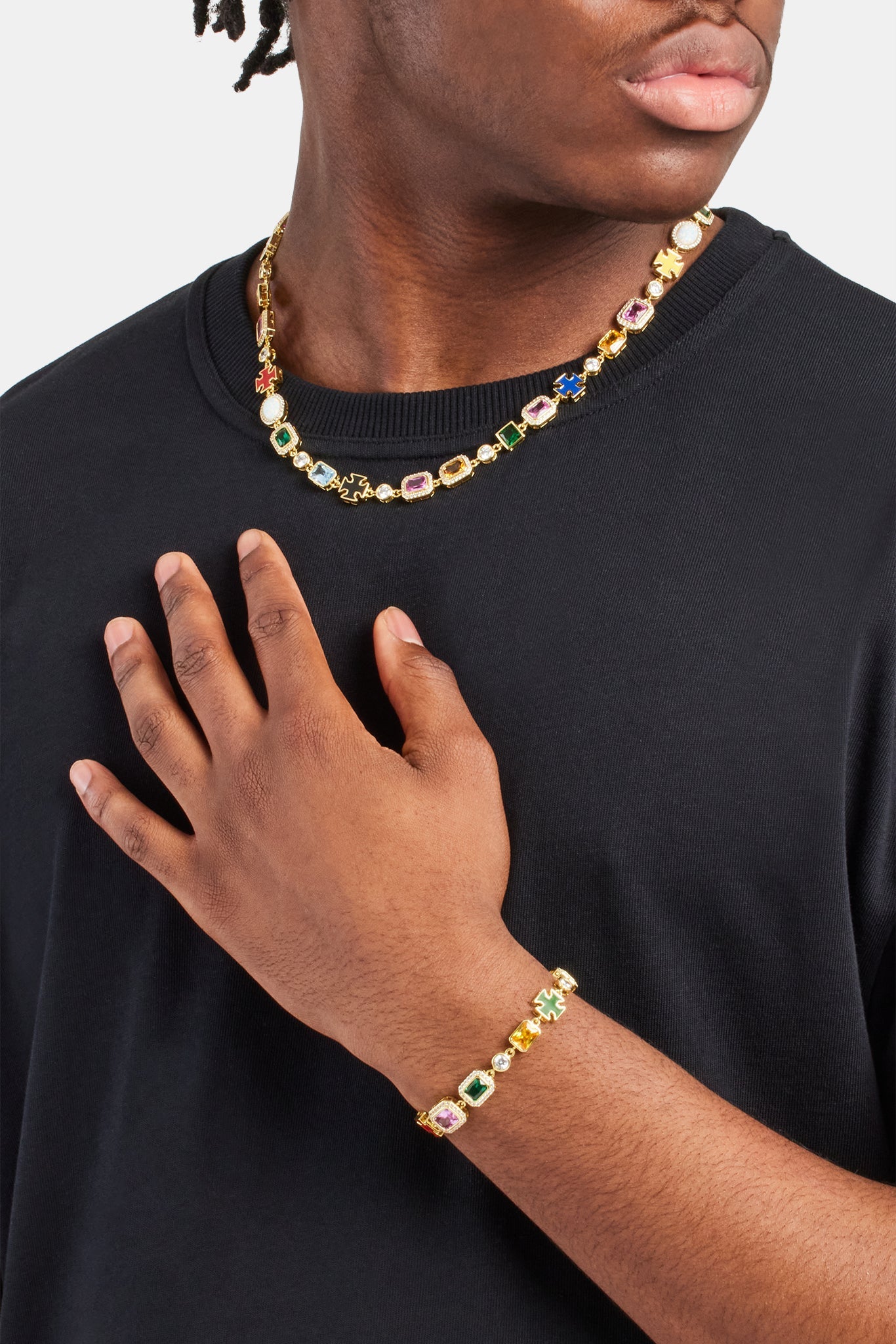 Multi Gemstone Motif Necklace & Bracelet - Gold - 10mm