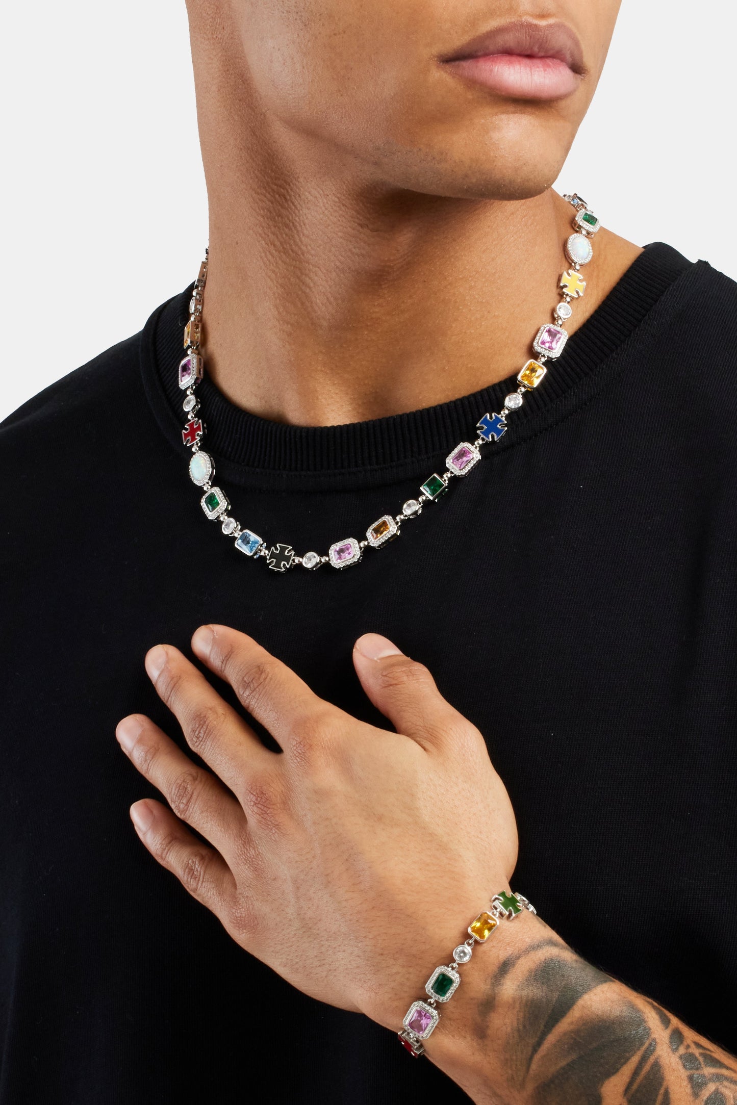 Multi Gemstone Motif Necklace & Bracelet_ - White - 10mm