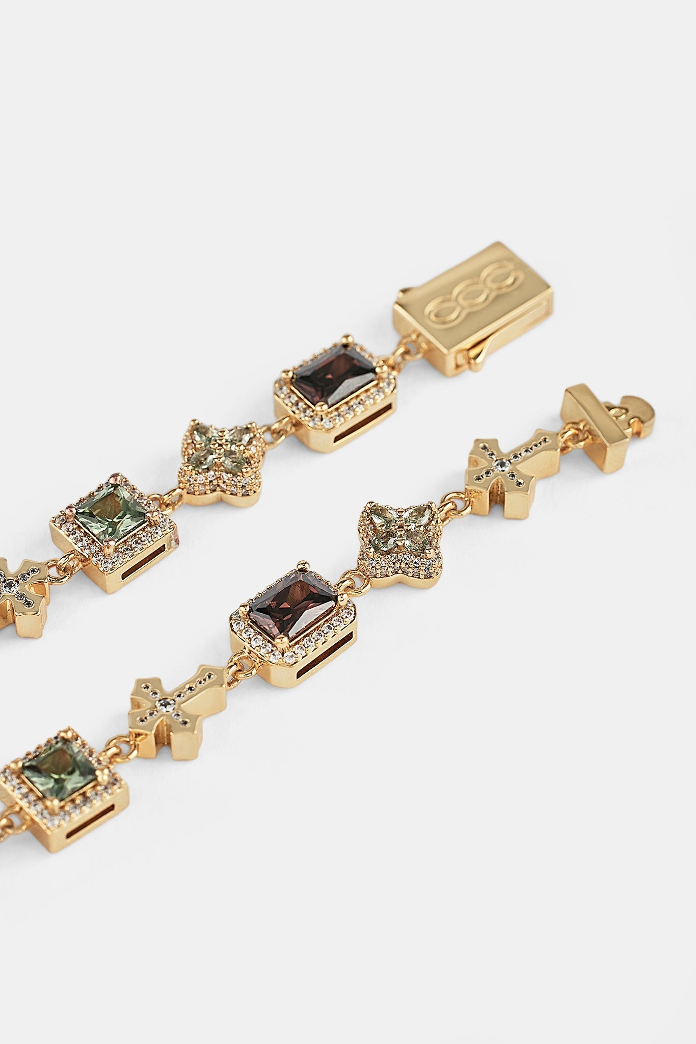 Chocolate Motif & Cross Multi Gemstone Bracelet -_ 8mm - Gold