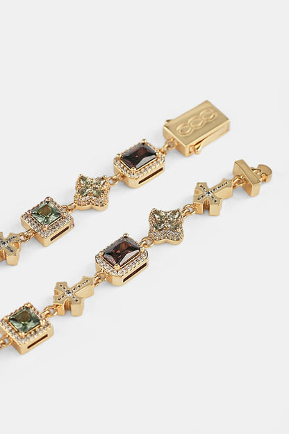 Chocolate Motif & Cross Multi Gemstone Bracelet -_ 8mm - Gold