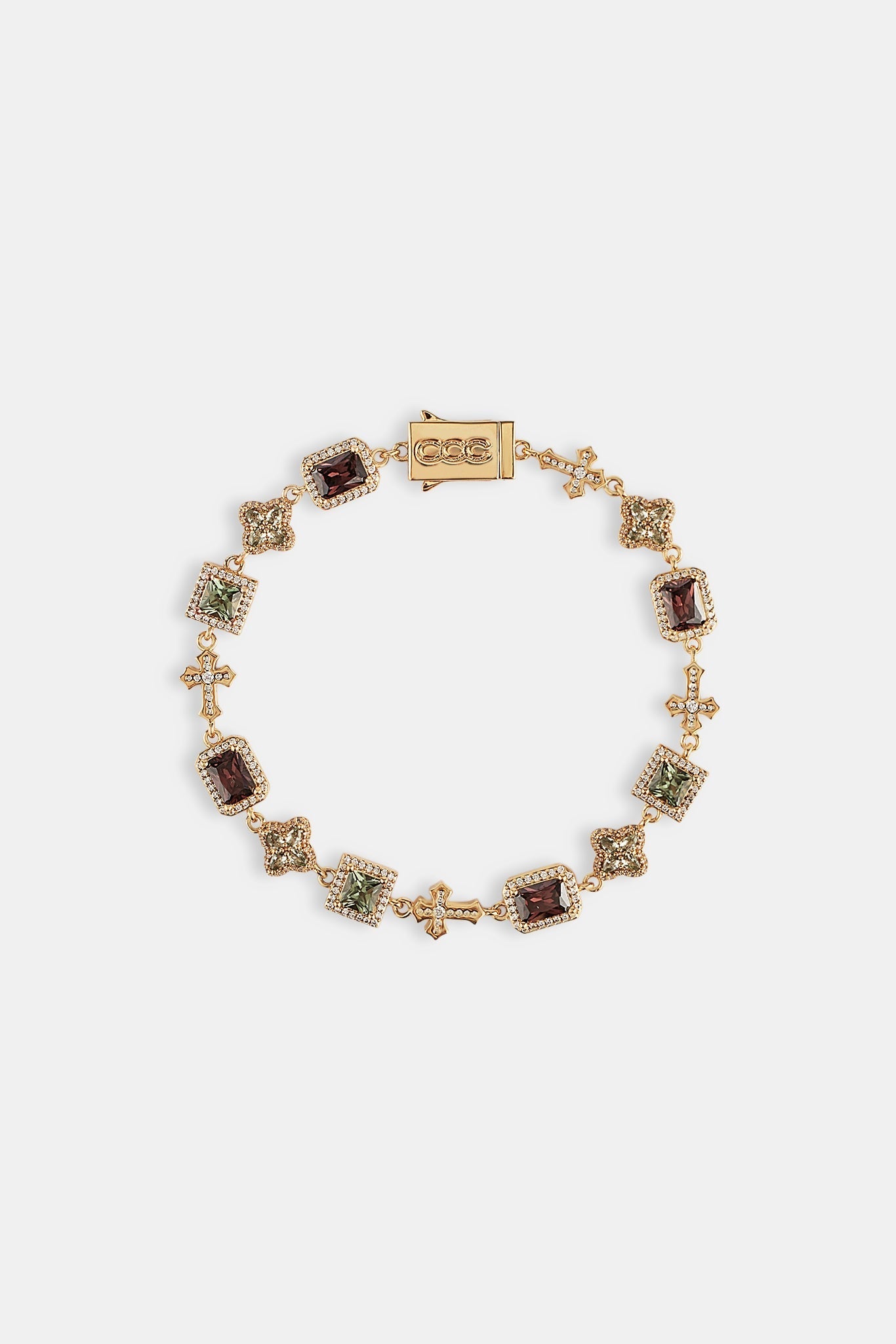 Chocolate Motif & Cross Multi Gemstone Bracelet -_ 8mm - Gold