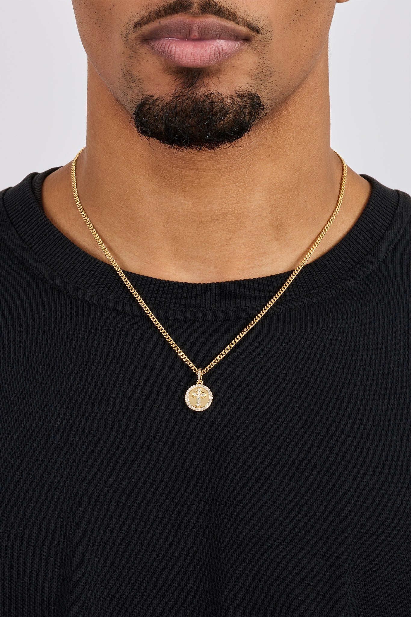 Iced Cross Disk Necklace - 13mm - Gold