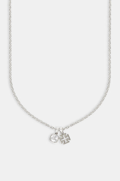 Polished Cross & Clear Gemstone Necklace - 10mm