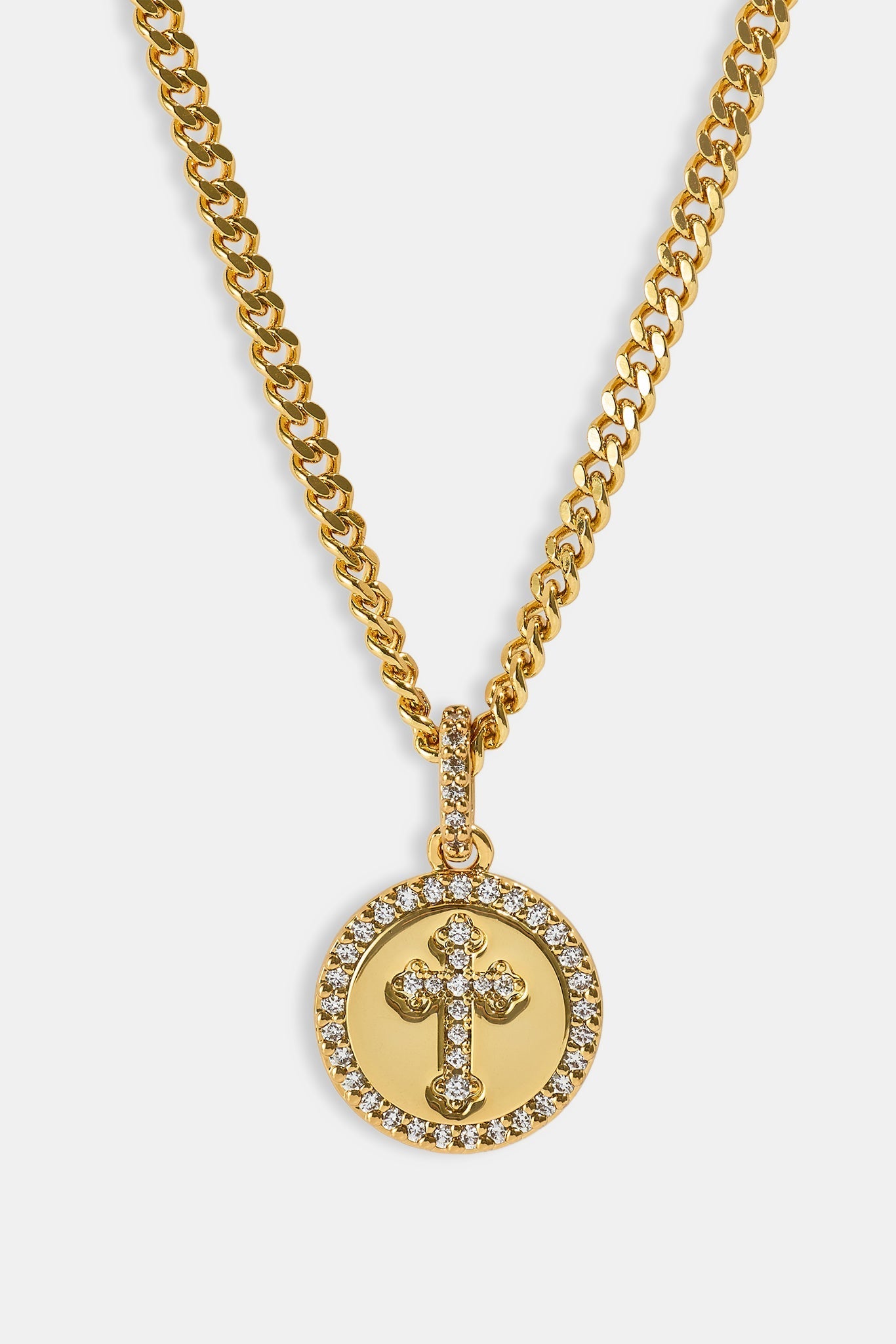 Iced Cross Disk Necklace - 13mm - Gold