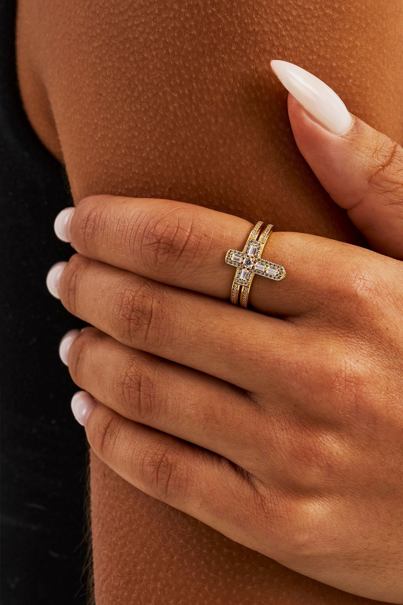 Iced Cross Double Row Ring - 15mm - Gold