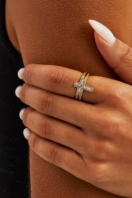 Iced Cross Double Row Ring - 15mm - Gold