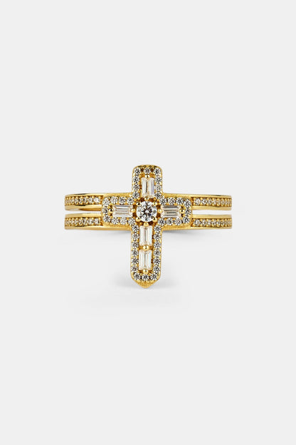 Iced Cross Double Row Ring - 15mm - Gold