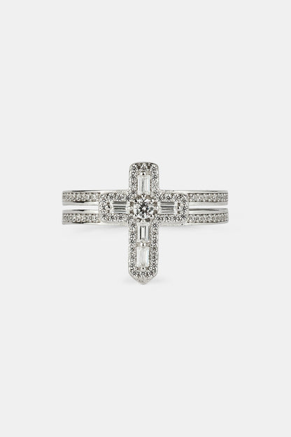 Iced Cross Double Row Ring - 15mm - White Gold
