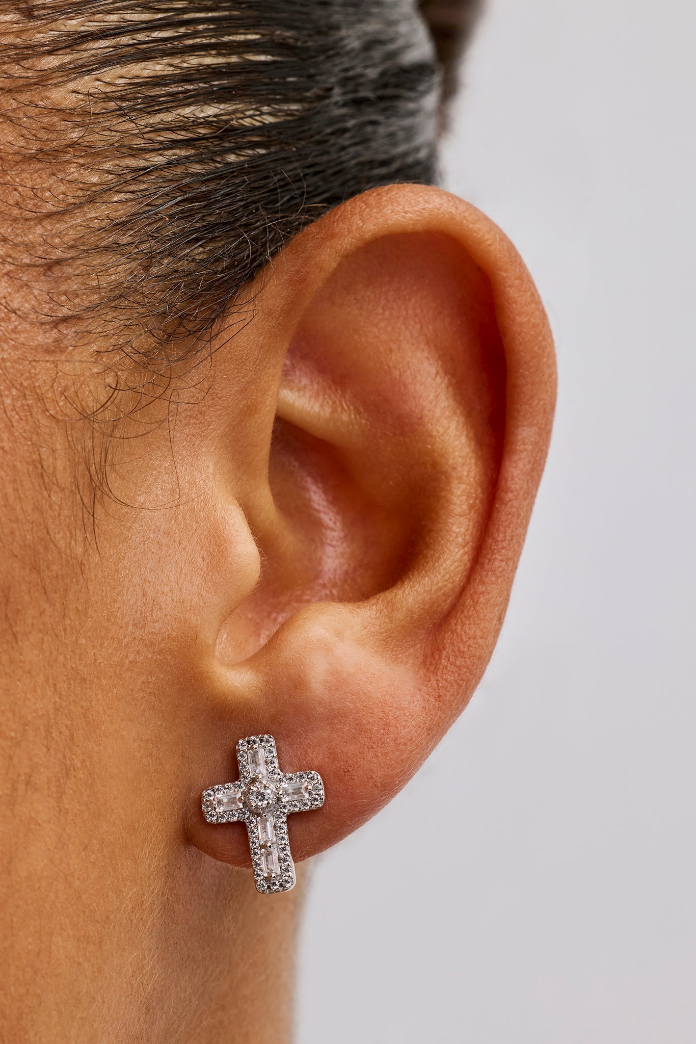 Iced Cross Stud Earrings - 15mm - White Gold