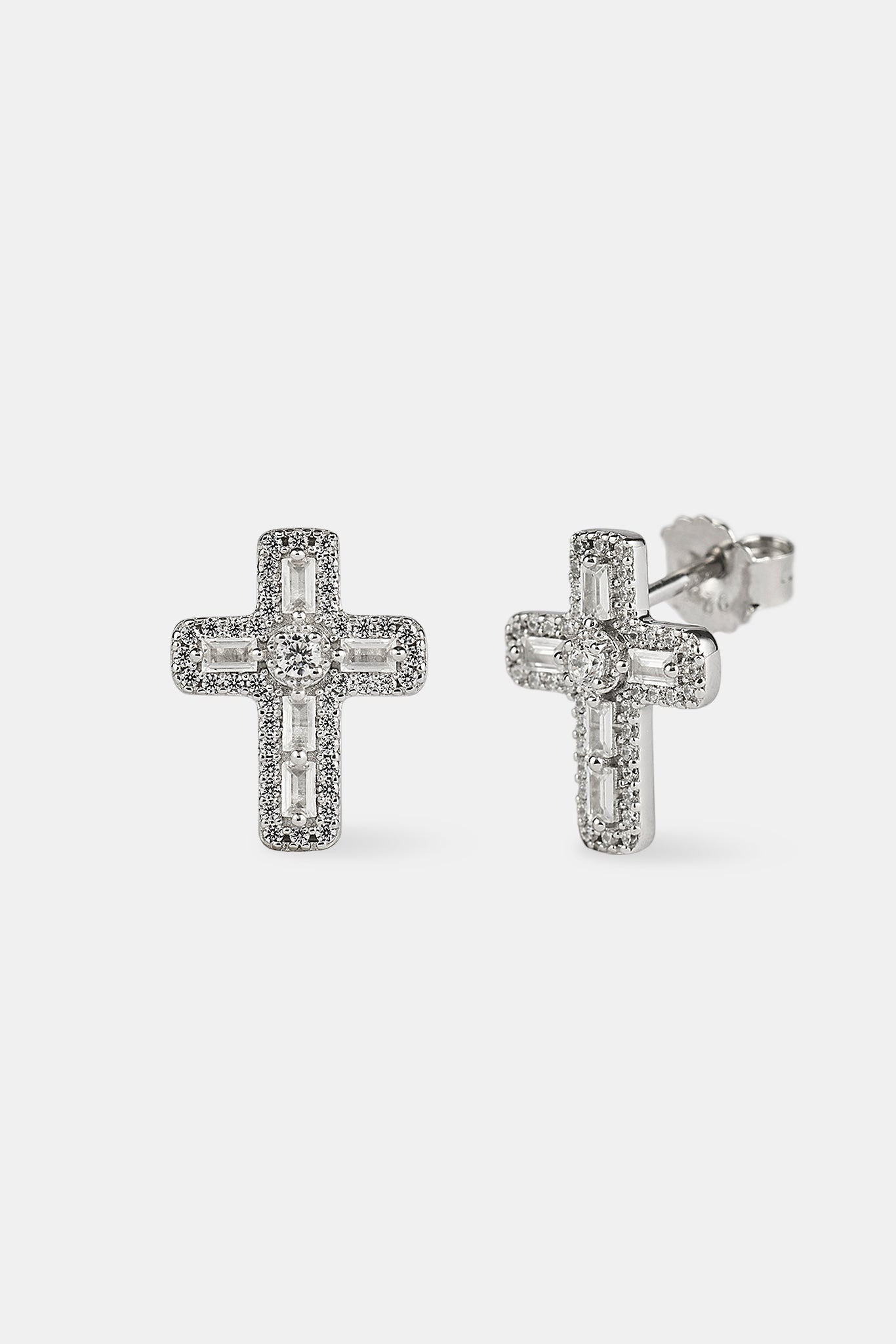 Iced Cross Stud Earrings - 15mm - White Gold