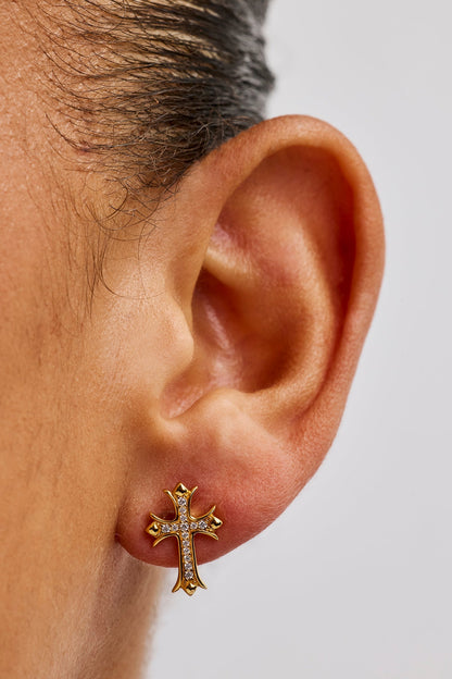 Polished Edge Iced Cross Stud Earrings - 15mm - Gold