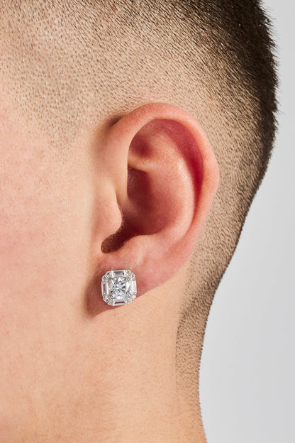 Sterling Silver Iced CZ Baguette Square Stud Earrings - 10mm