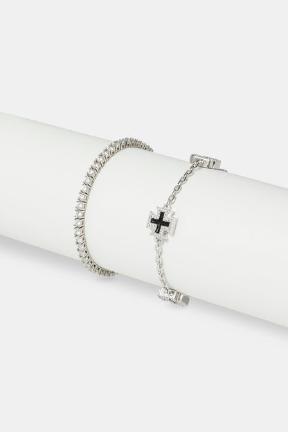 12mm Black Enamel Cross Motif Bracelet & 3mm Tennis Bracelet - White