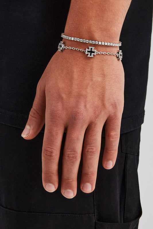 12mm Black Enamel Cross Motif Bracelet & 3mm Tennis Bracelet - White