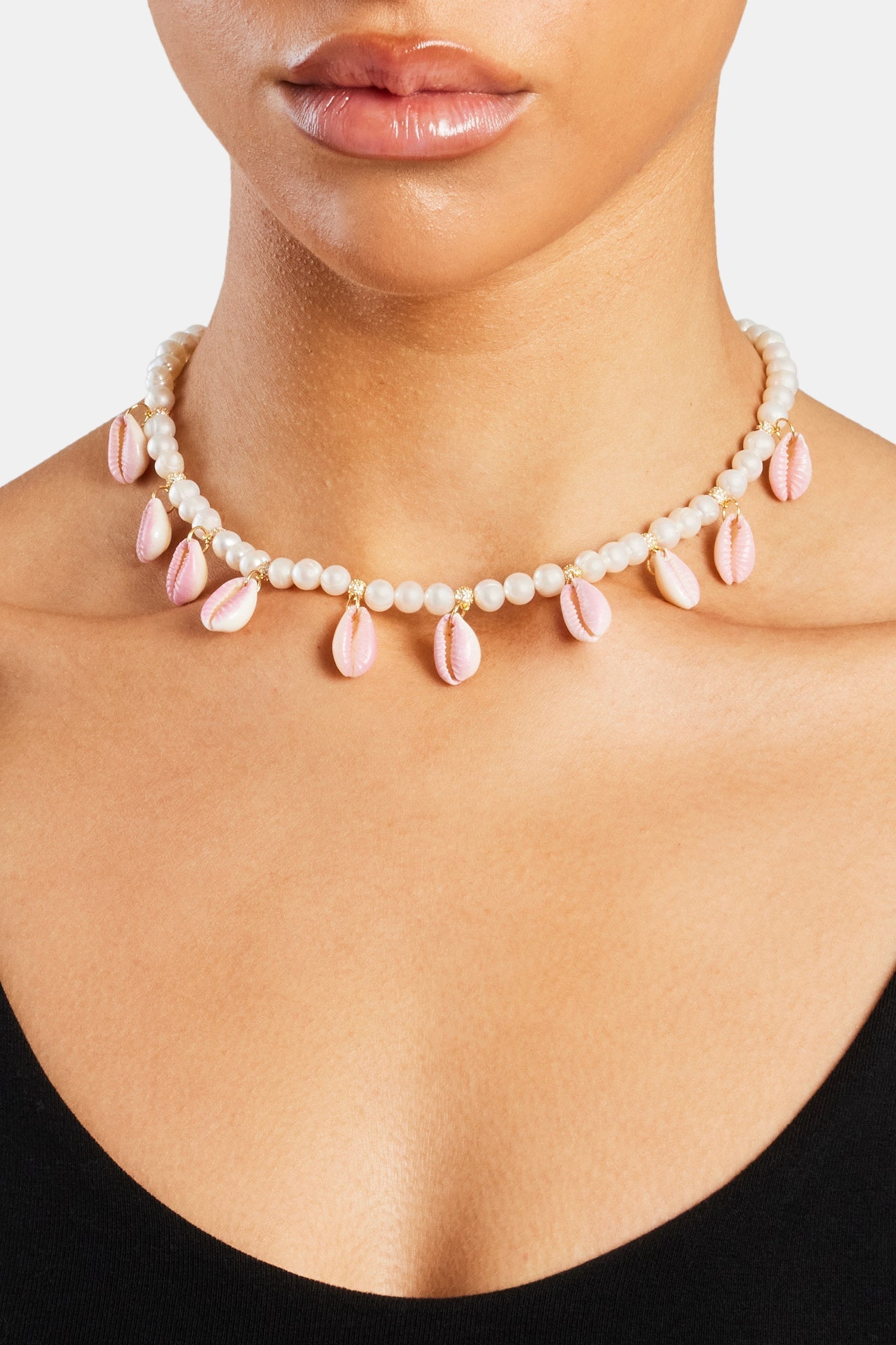 Freshwater Pearl Pink Cowrie Shell Necklace - Gold - 6mm
