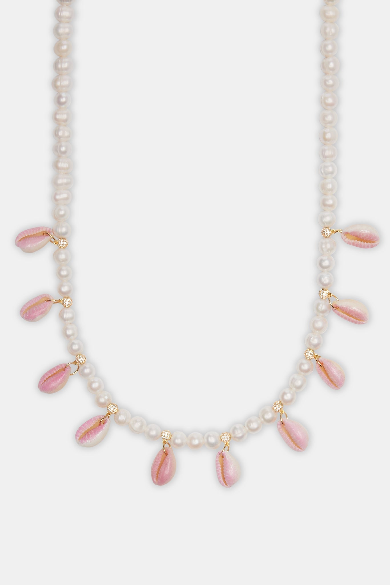 Freshwater Pearl Pink Cowrie Shell Necklace - Gold - 6mm