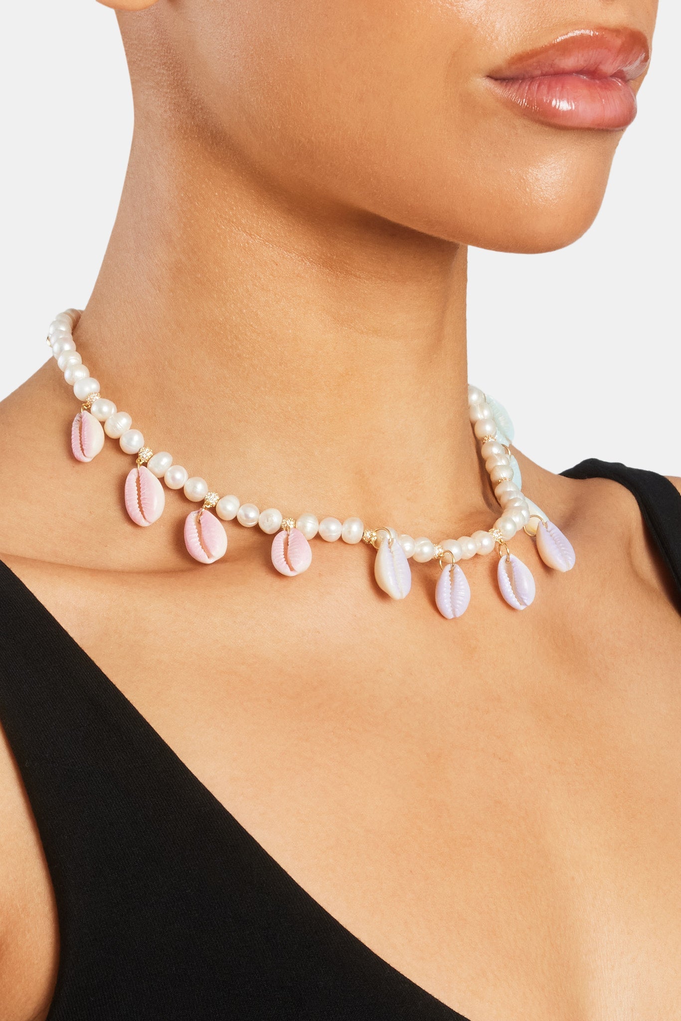 Freshwater Pearl Pastel Cowrie Shell Necklace - Gold - 6mm
