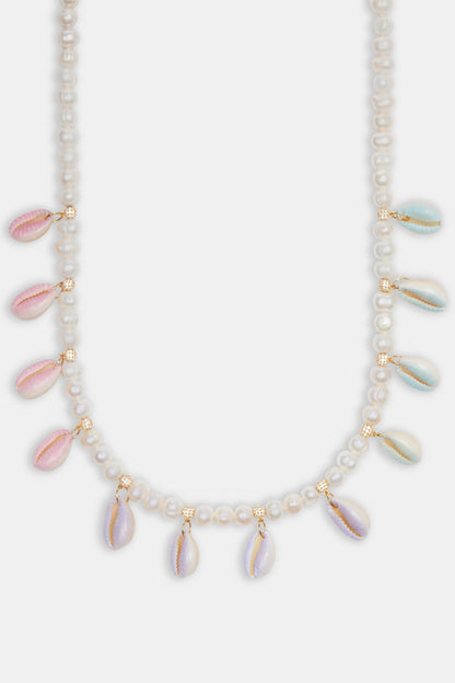Freshwater Pearl Pastel Cowrie Shell Necklace - Gold - 6mm