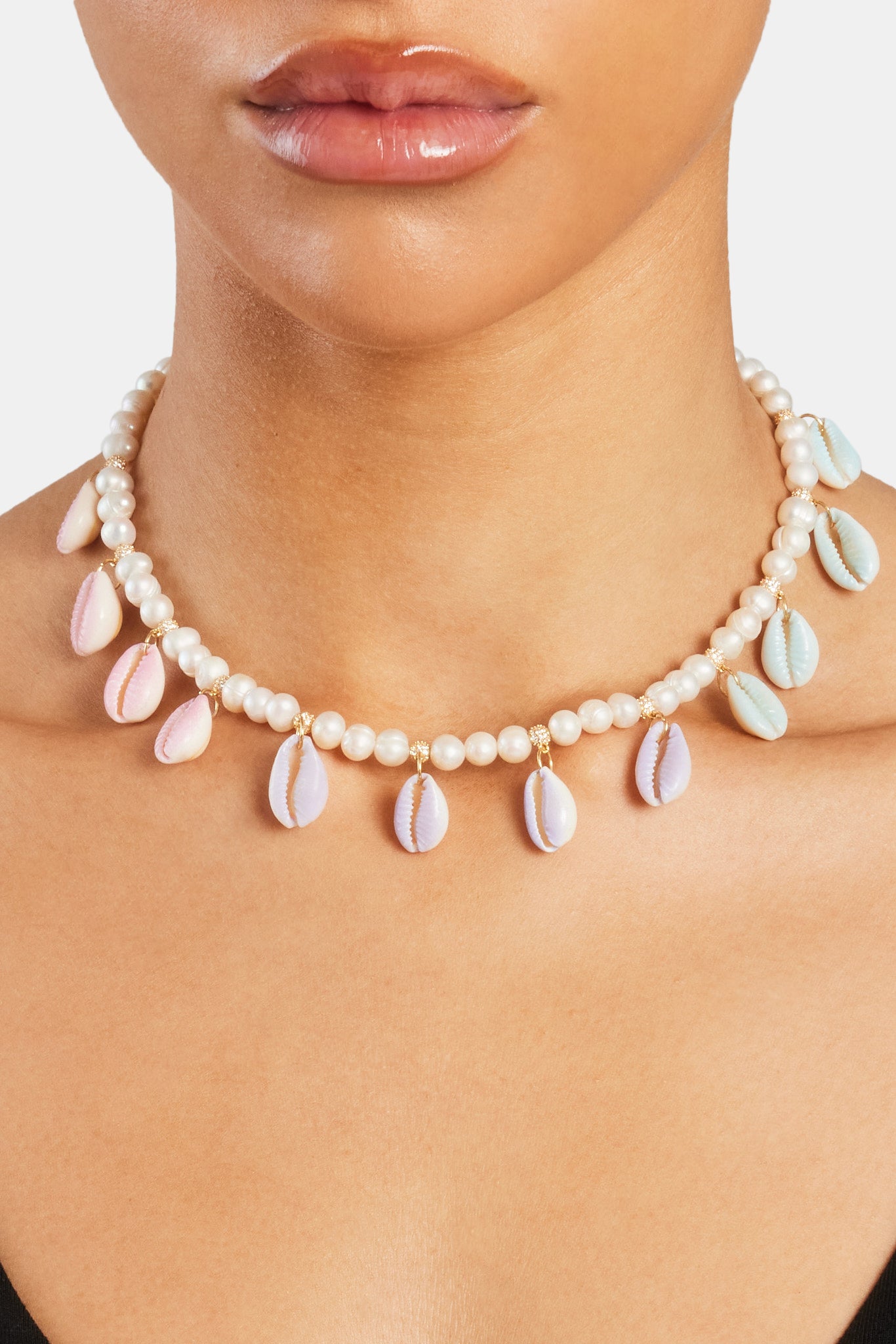 Freshwater Pearl Pastel Cowrie Shell Necklace - Gold - 6mm