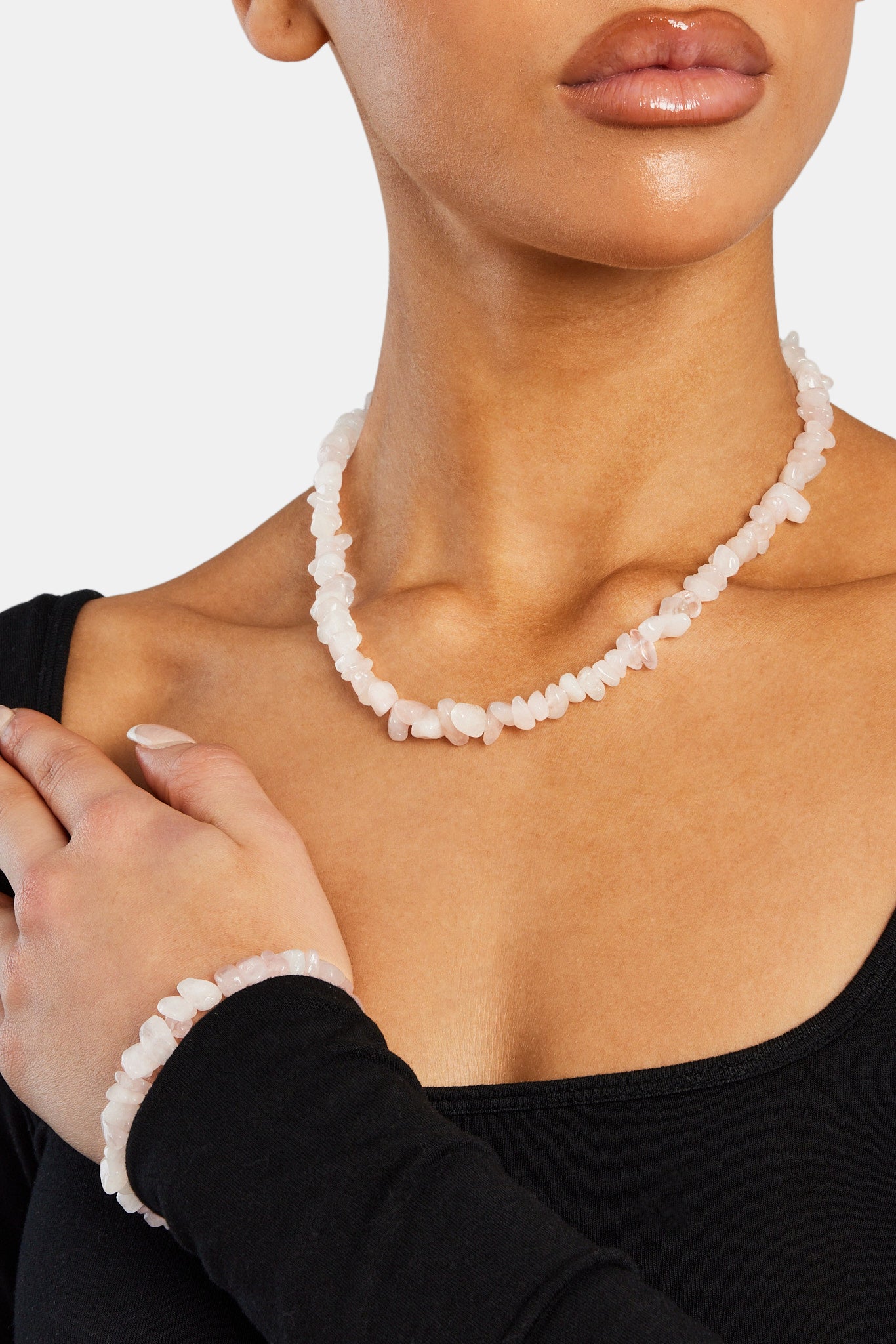 Rose Quartz Shard Bead Necklace - White - 6mm