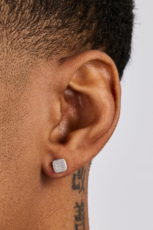 Iced Square Stone Stud Earrings - 6mm - White